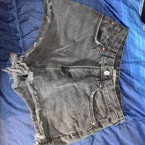 Distressed black wash denim shorts
